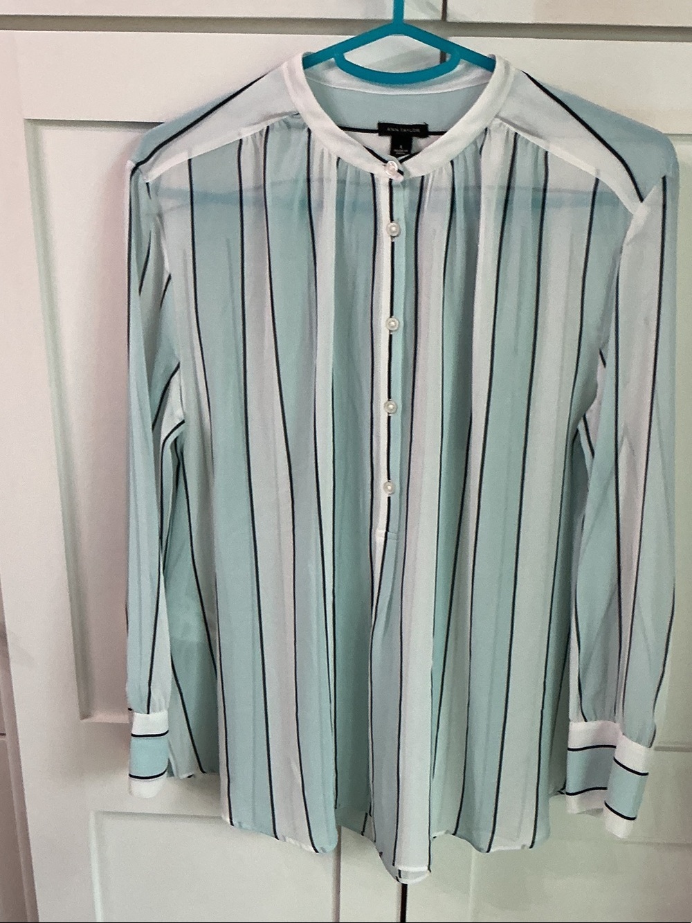 Ann Taylor Mint Green and White Vertical Stripe Button-Up Shirt